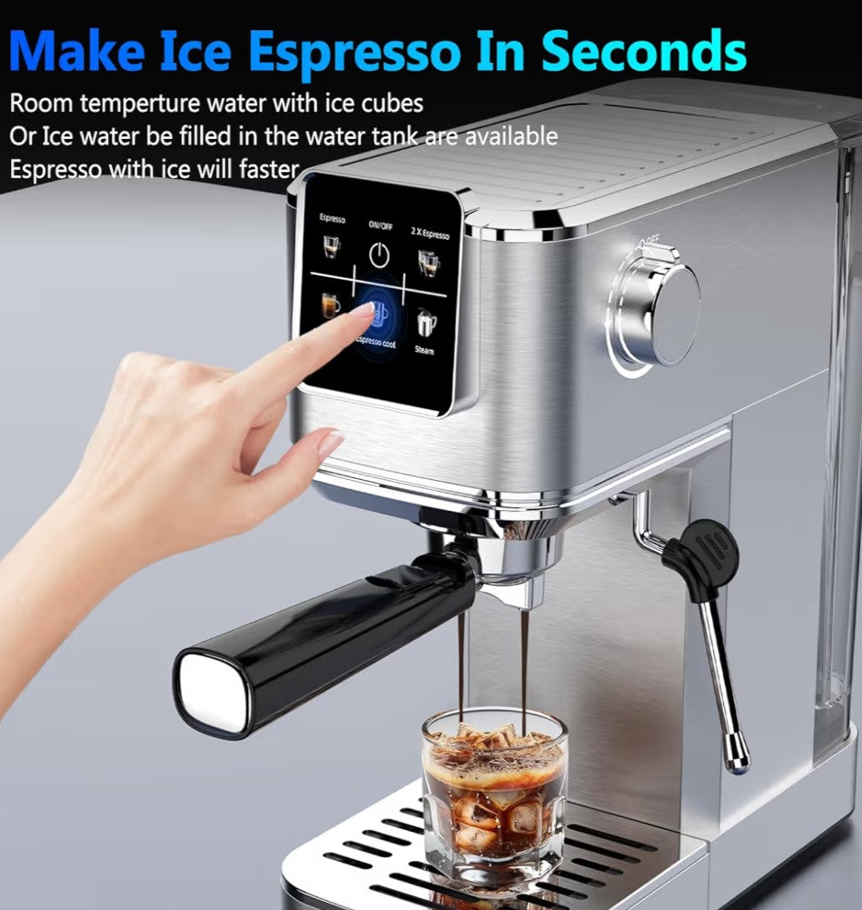 Espresso Machine 20 Bar,Touch Screen Espresso Maker with Steam Milk Frother,Stainless Steel Coffee Machine for Cappuccino Latte Americano Cold Brew,1350W Fast Heat Up System,Silver
