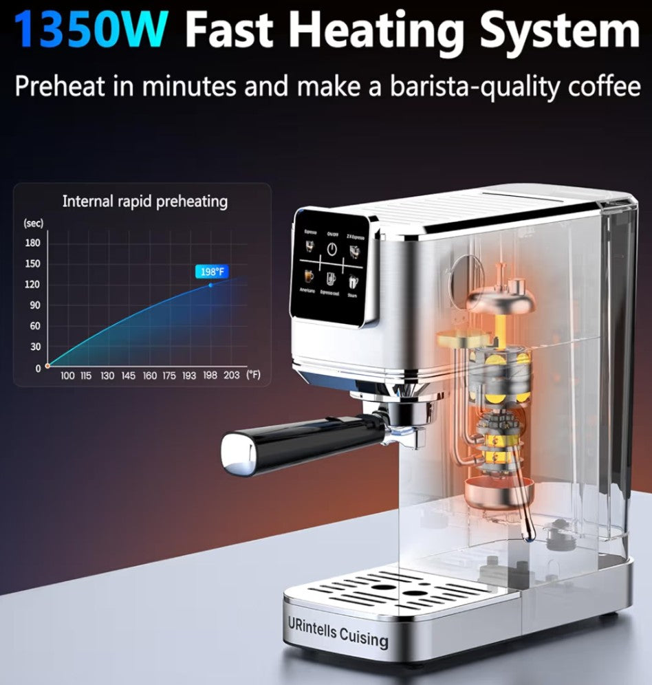 Espresso Machine 20 Bar,Touch Screen Espresso Maker with Steam Milk Frother,Stainless Steel Coffee Machine for Cappuccino Latte Americano Cold Brew,1350W Fast Heat Up System,Silver
