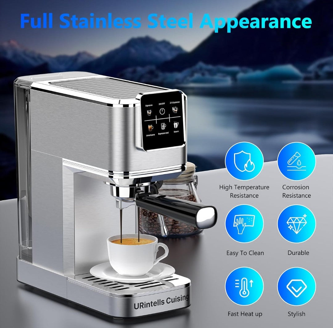 Espresso Machine 20 Bar,Touch Screen Espresso Maker with Steam Milk Frother,Stainless Steel Coffee Machine for Cappuccino Latte Americano Cold Brew,1350W Fast Heat Up System,Silver