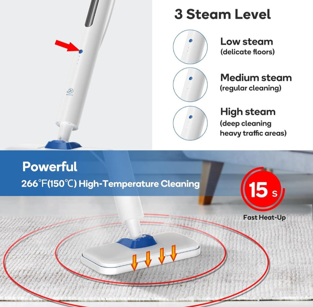Steam Mop for Floor Cleaning,15-Second Setup,Chemical-Free Floor Cleaner for Hardwood,Laminate,Tile&Greasy Spots.Ergonomic Design with Hands-Free Standing,3 Steam Settings,Reusable Washable Pads