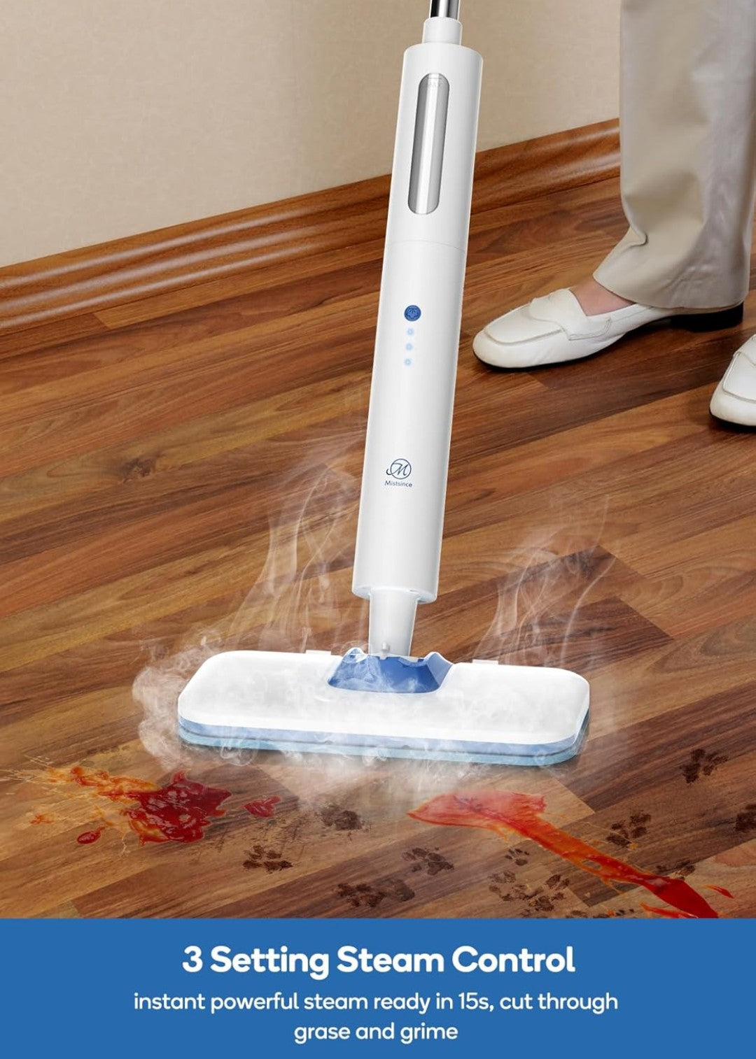 Steam Mop for Floor Cleaning,15-Second Setup,Chemical-Free Floor Cleaner for Hardwood,Laminate,Tile&Greasy Spots.Ergonomic Design with Hands-Free Standing,3 Steam Settings,Reusable Washable Pads
