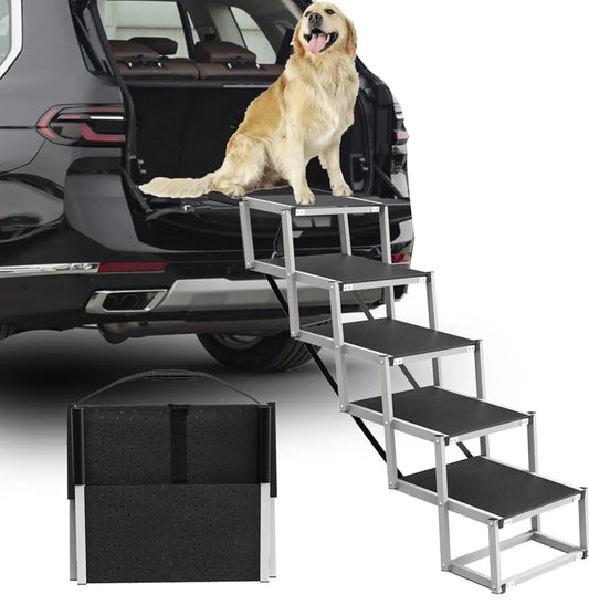 Dog Stairs for Large Dogs - 5 Step Wide 16in High 34in Foldable Dog Ramp for Car Non-Slip Surface Support up to 230lbs - Suitable for SUV,Truck, Sofas, Bed