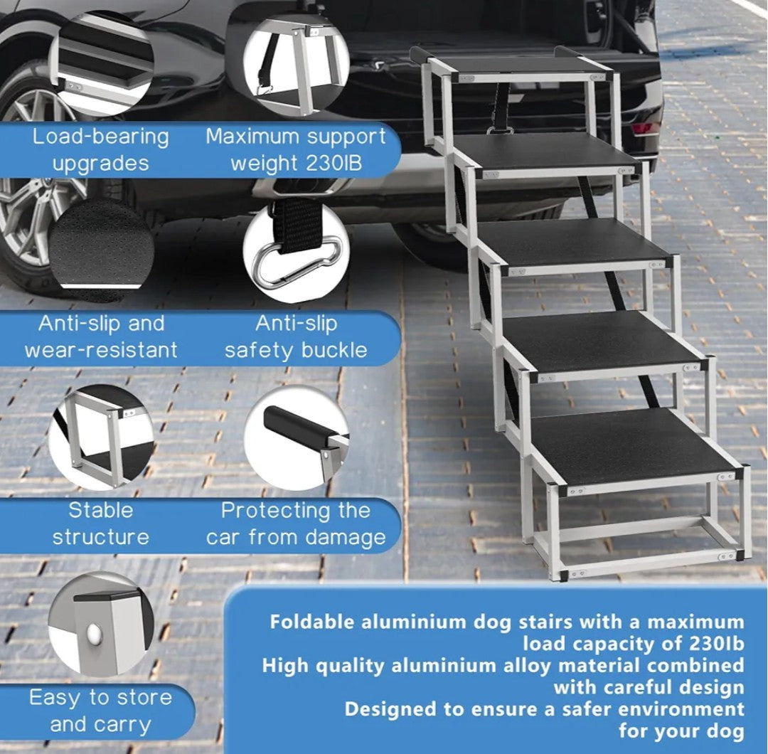 Dog Stairs for Large Dogs - 5 Step Wide 16in High 34in Foldable Dog Ramp for Car Non-Slip Surface Support up to 230lbs - Suitable for SUV,Truck, Sofas, Bed