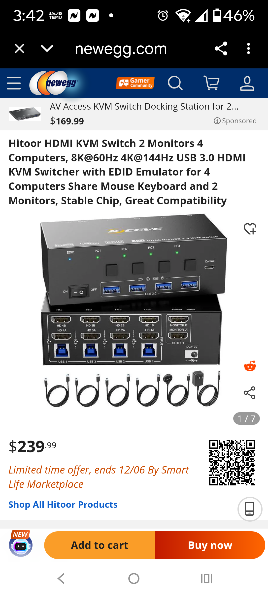 KVM Switch 4 Computer 2 Monitors, 8K@60Hz, 4K@144Hz USB 3.0 HDMI KVM-Umsc
