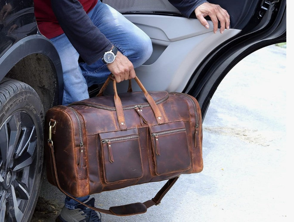 28" Vintage Duffel Classic Style with Modern Outlook Retro Thick Full Grain Cowhide Handmade Airplane Underseat Carry On Bags Leather Gym Overnight Luggage Bag