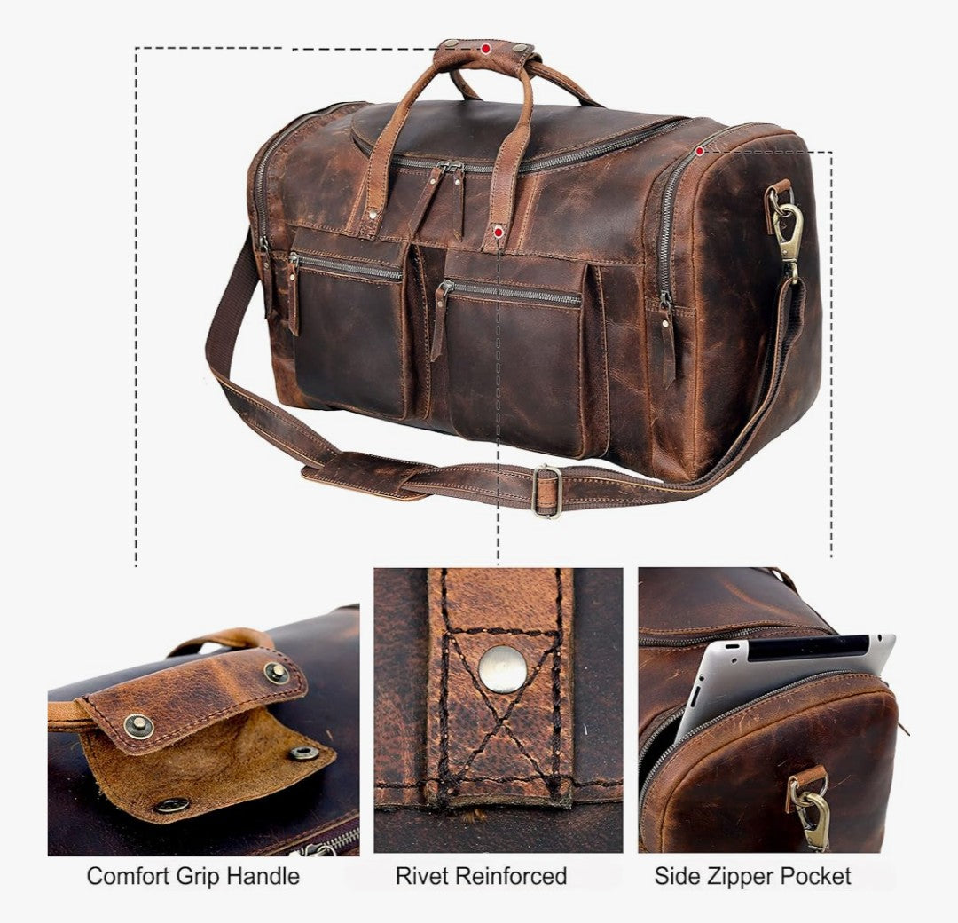 28" Vintage Duffel Classic Style with Modern Outlook Retro Thick Full Grain Cowhide Handmade Airplane Underseat Carry On Bags Leather Gym Overnight Luggage Bag
