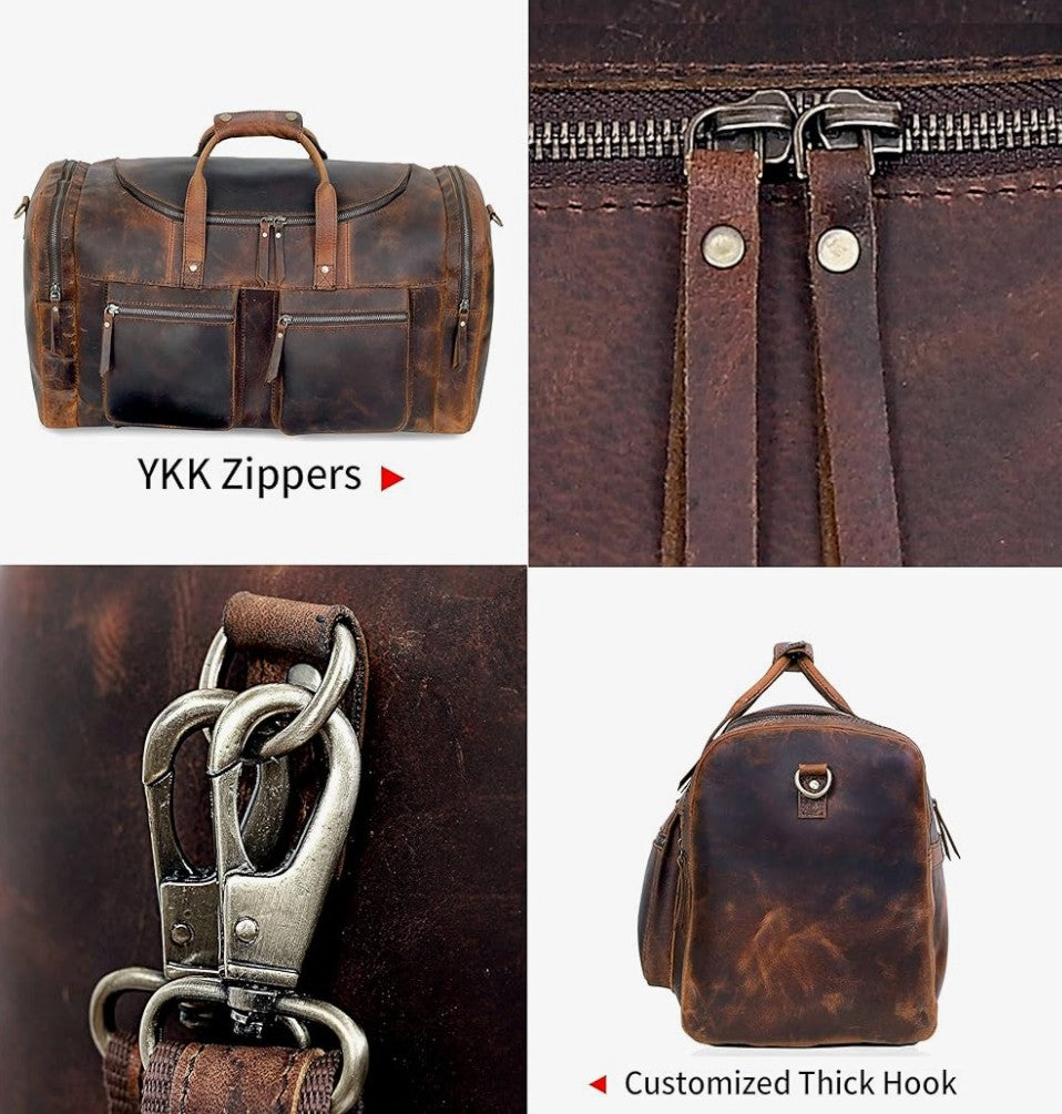 28" Vintage Duffel Classic Style with Modern Outlook Retro Thick Full Grain Cowhide Handmade Airplane Underseat Carry On Bags Leather Gym Overnight Luggage Bag