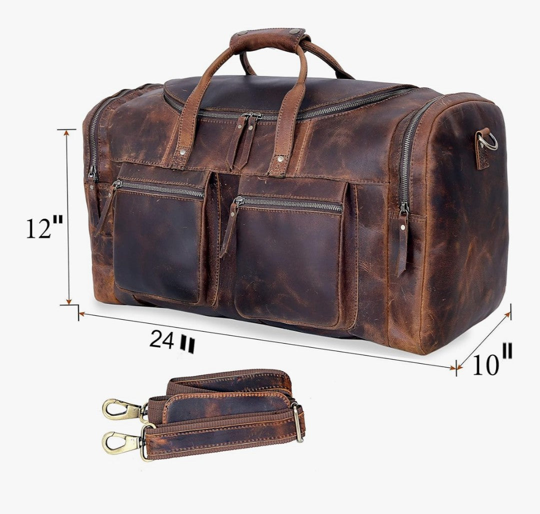 28" Vintage Duffel Classic Style with Modern Outlook Retro Thick Full Grain Cowhide Handmade Airplane Underseat Carry On Bags Leather Gym Overnight Luggage Bag