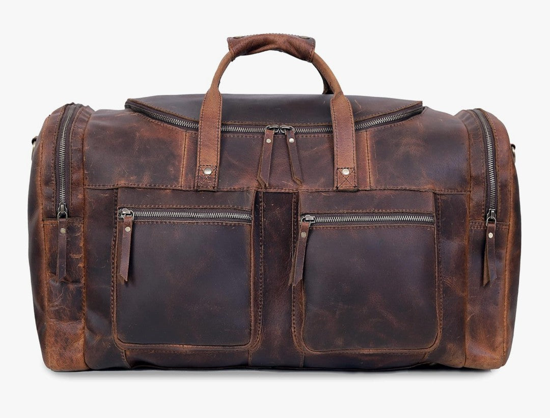 28" Vintage Duffel Classic Style with Modern Outlook Retro Thick Full Grain Cowhide Handmade Airplane Underseat Carry On Bags Leather Gym Overnight Luggage Bag