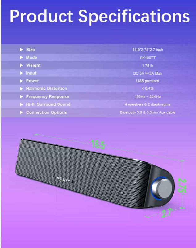 Nylavee Computer Speakers, Hi-Fi Stereo Quality PC Speakers, USB Powered Computer Sound Bar with 3 EQ Modes, Bluetooth 5.0 and 3.5mm Aux-in Computer Speakers for Desktop