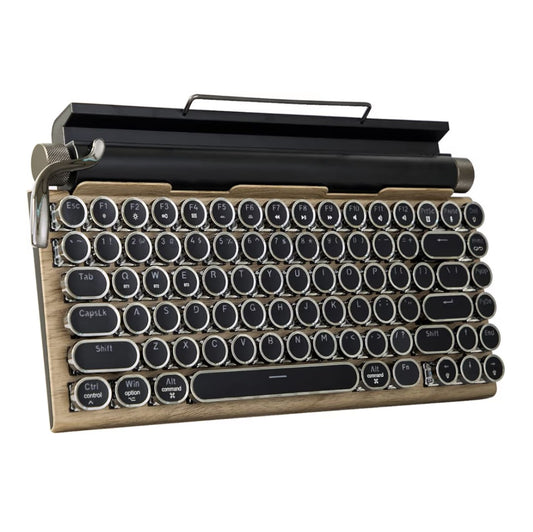 Adventurers Typewriter-Style Retro Mechanical Keyboard LED Backlight 83 Keys Bluetooth 5.0 Blue Axis Wood Color Panel Compatible with iOS/Android/Windows/Vista/Linux/Mac Office/Gaming, 12.8x6.6x1.6in