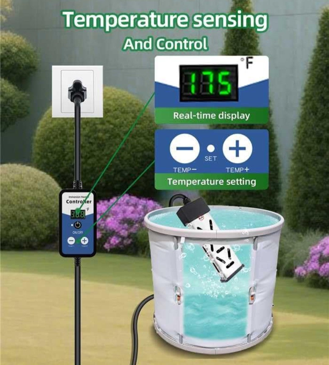 Portable Immersion Water Heater 1800W 120V, Electric Heater for Buckets, Bathtubs and Mini Pools, Submersible Design with Thermostat, Real Time Temperature Display and Dry Burn Protection