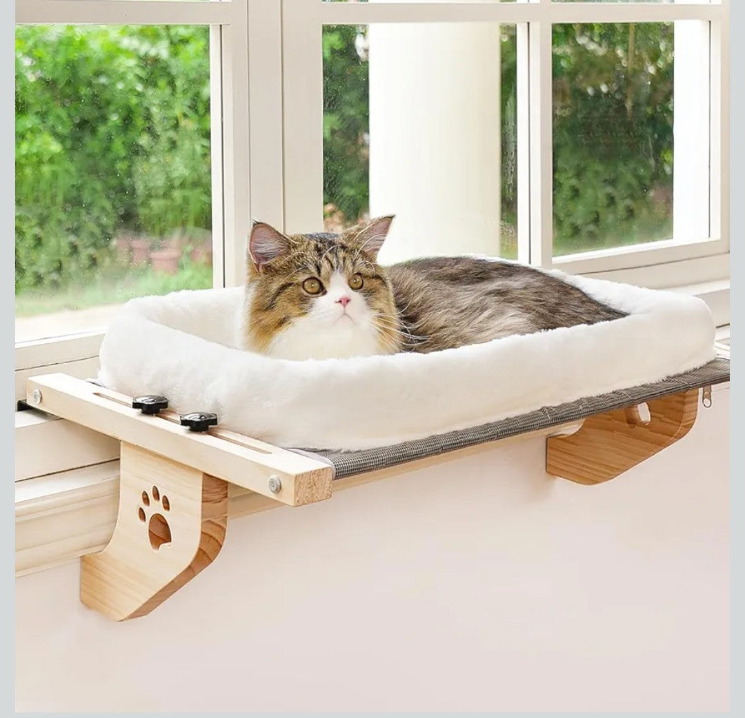 AMOSIJOY Cat Sill Window Perch Sturdy Hammock Window Seat with Cushion Bed Cover, Wood & Metal Frame for Large Cats, Easy to Adjust Cat Bed for Windowsill, Bedside, Drawer and Cabinet (M)