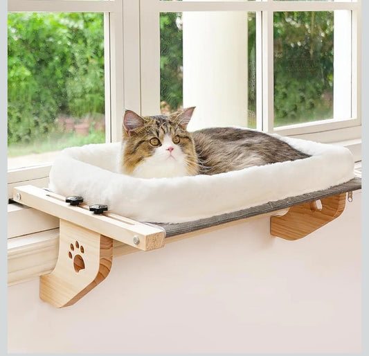 AMOSIJOY Cat Sill Window Perch Sturdy Hammock Window Seat with Cushion Bed Cover, Wood & Metal Frame for Large Cats, Easy to Adjust Cat Bed for Windowsill, Bedside, Drawer and Cabinet (M)