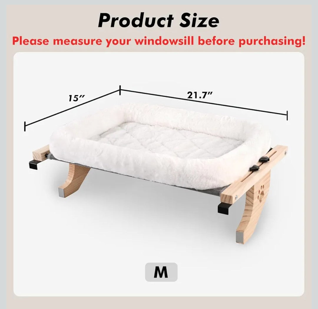 AMOSIJOY Cat Sill Window Perch Sturdy Hammock Window Seat with Cushion Bed Cover, Wood & Metal Frame for Large Cats, Easy to Adjust Cat Bed for Windowsill, Bedside, Drawer and Cabinet (M)