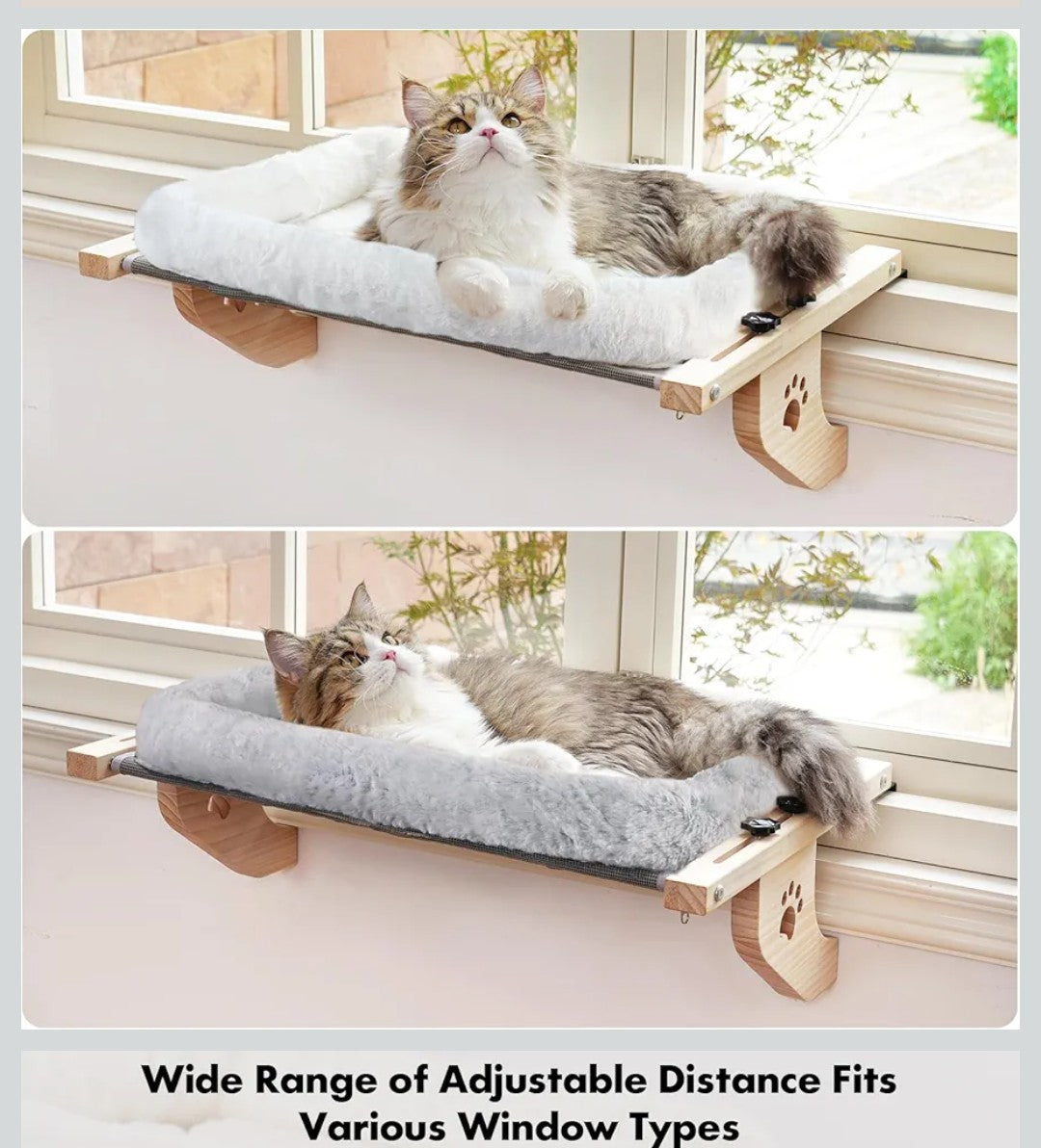 AMOSIJOY Cat Sill Window Perch Sturdy Hammock Window Seat with Cushion Bed Cover, Wood & Metal Frame for Large Cats, Easy to Adjust Cat Bed for Windowsill, Bedside, Drawer and Cabinet (M)