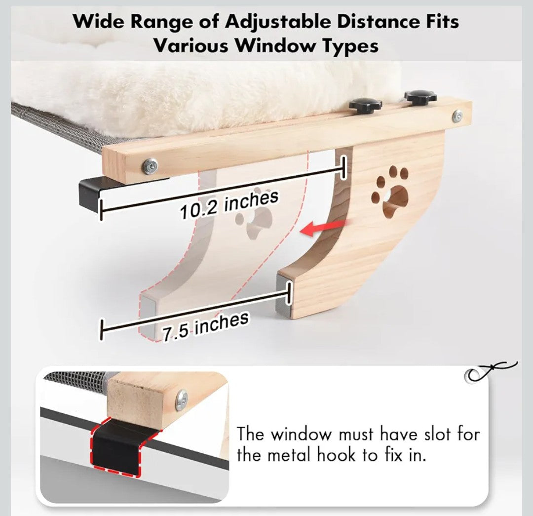 AMOSIJOY Cat Sill Window Perch Sturdy Hammock Window Seat with Cushion Bed Cover, Wood & Metal Frame for Large Cats, Easy to Adjust Cat Bed for Windowsill, Bedside, Drawer and Cabinet (M)