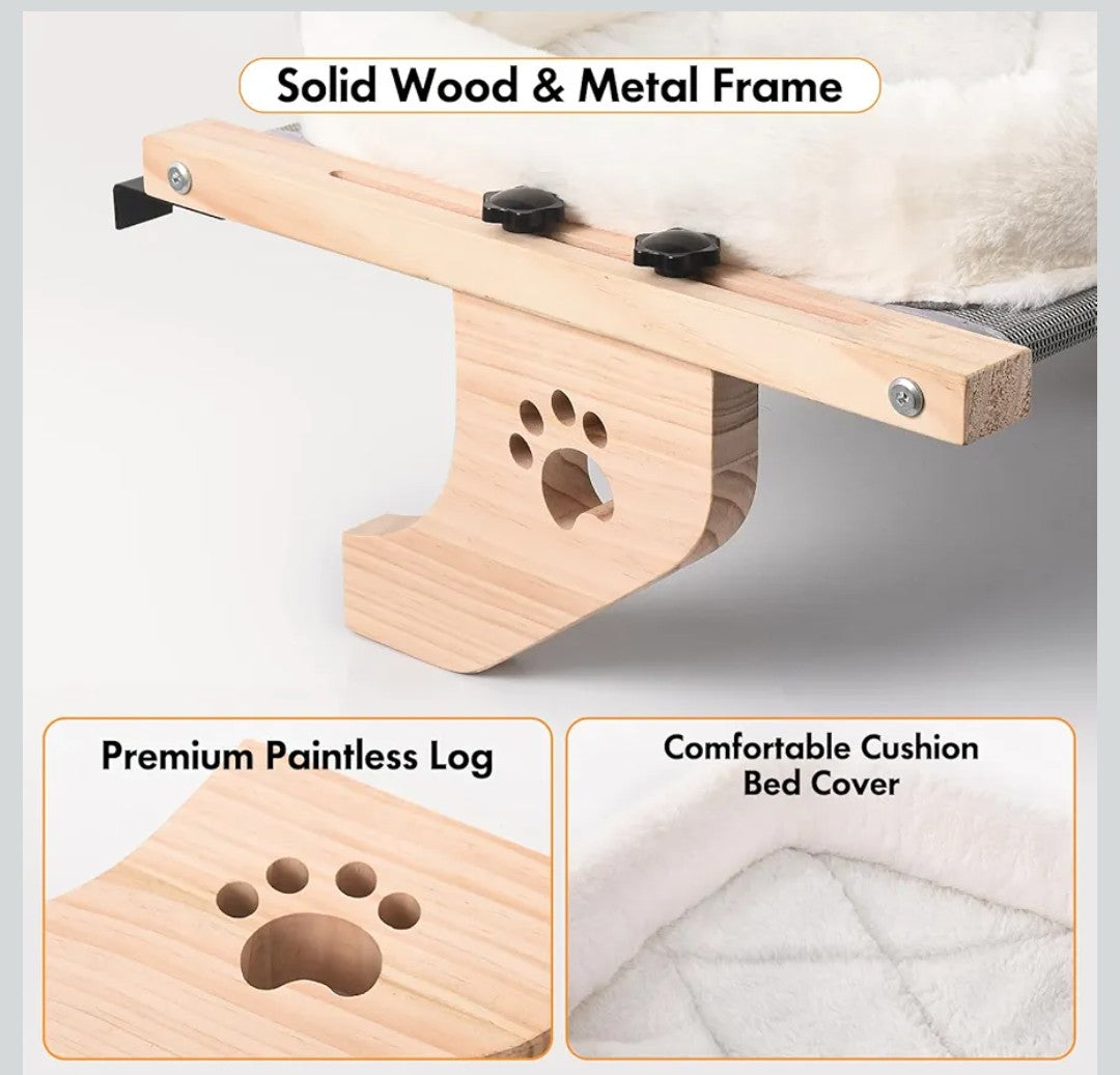 AMOSIJOY Cat Sill Window Perch Sturdy Hammock Window Seat with Cushion Bed Cover, Wood & Metal Frame for Large Cats, Easy to Adjust Cat Bed for Windowsill, Bedside, Drawer and Cabinet (M)