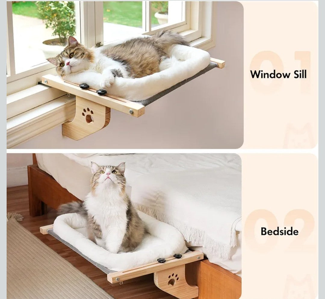 AMOSIJOY Cat Sill Window Perch Sturdy Hammock Window Seat with Cushion Bed Cover, Wood & Metal Frame for Large Cats, Easy to Adjust Cat Bed for Windowsill, Bedside, Drawer and Cabinet (M)