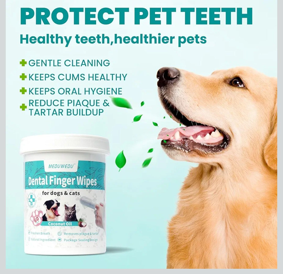 MEDUWEDU Dental Care Finger Wipes 60 Counts,Teeth Cleaning Finger Wipes for Dogs & Cats,Reduces Plaque & Supports Oral Freshness, Coconut Scent