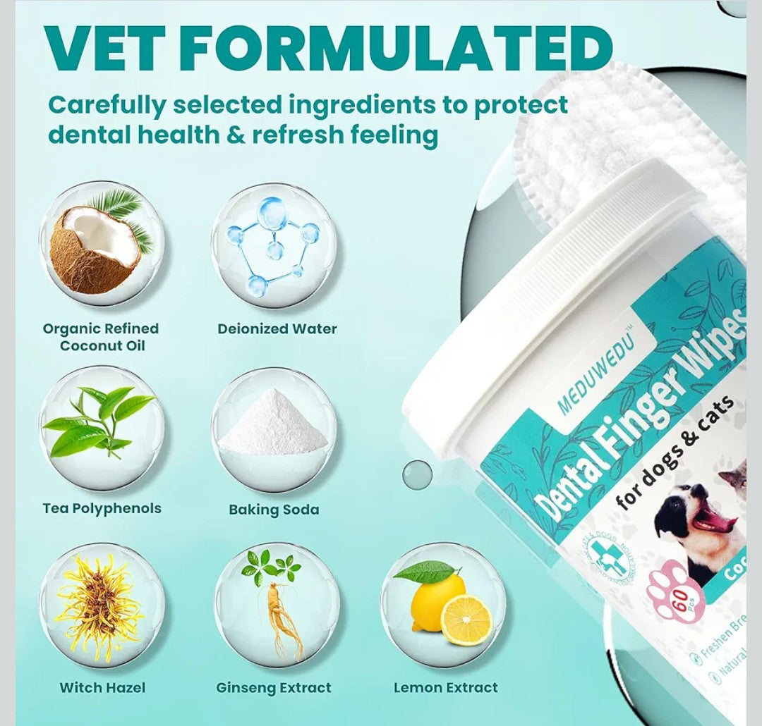 MEDUWEDU Dental Care Finger Wipes 60 Counts,Teeth Cleaning Finger Wipes for Dogs & Cats,Reduces Plaque & Supports Oral Freshness, Coconut Scent