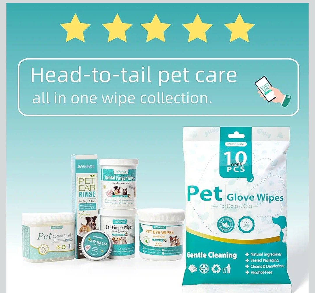 MEDUWEDU Dental Care Finger Wipes 60 Counts,Teeth Cleaning Finger Wipes for Dogs & Cats,Reduces Plaque & Supports Oral Freshness, Coconut Scent
