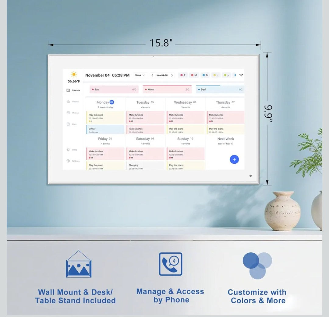 15.6 inch Digital Wall Calendar Touchscreen, Chore Chart, IPS FHD,Wall Planner, Smart Family Schedules, Wall Mount Included，Wall Organizer,Meal Planner,Plan Daily Household and Work tasks