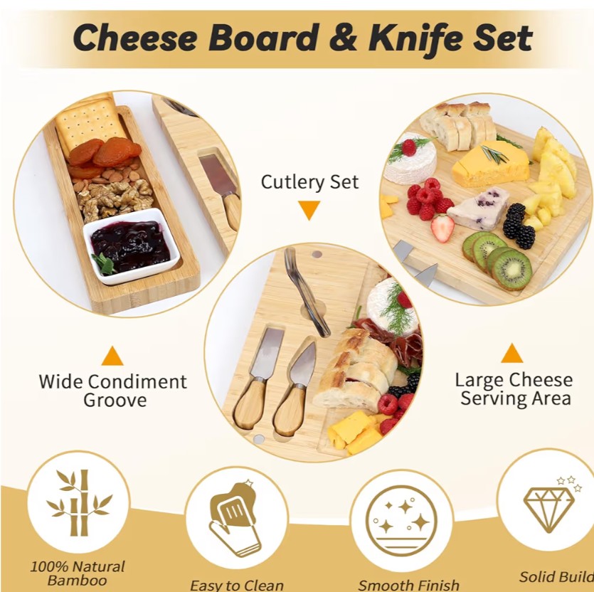 Charcuterie Boards Set, 100% Bamboo Cheese Board Set with Knife Cheese Platter - Tray with Cutlery, Fruit Tray and Bowl, House Warming Gifts New Home