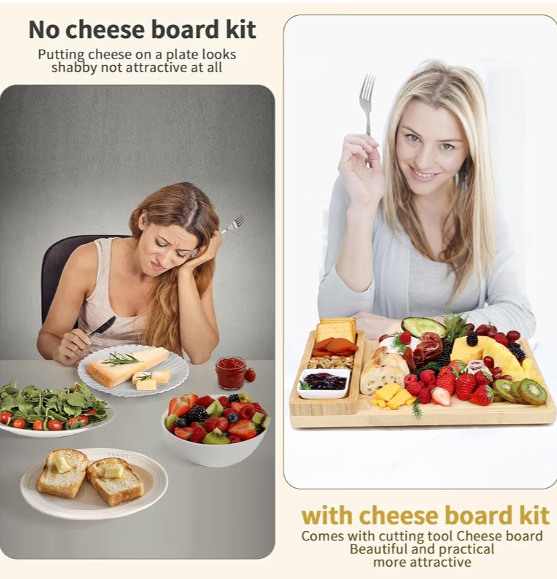 Charcuterie Boards Set, 100% Bamboo Cheese Board Set with Knife Cheese Platter - Tray with Cutlery, Fruit Tray and Bowl, House Warming Gifts New Home