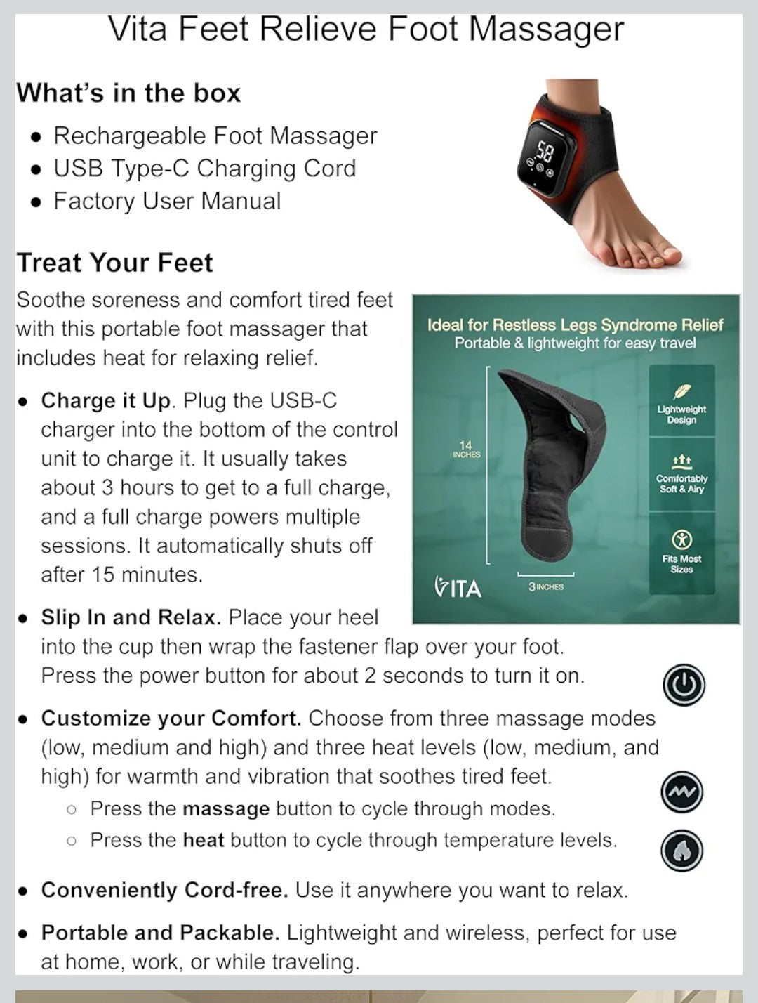 Vita Feet Relief Ankle Massager with Heat & Vibration – Cordless Foot Massager, Heated Ankle Wrap, Rechargeable Ankle Massager, Calf & Leg Compression Sleeve (One Unit)