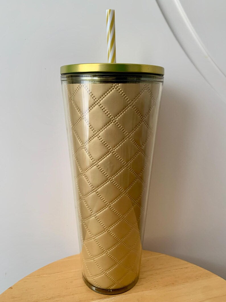 New Starbucks Holiday Metallic Gold Quilted Venti Cold Cup Tumbler 24oz