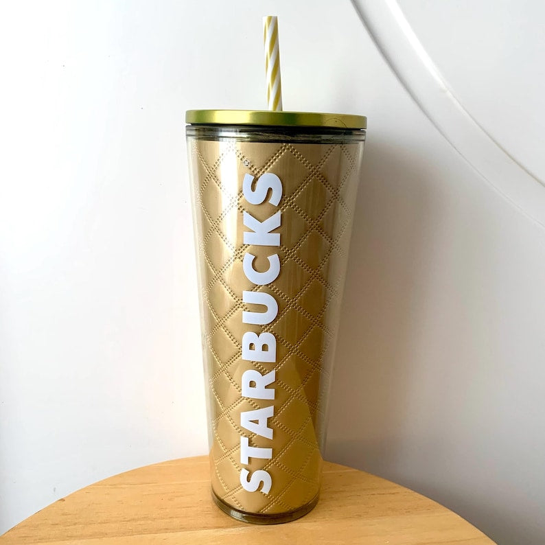 New Starbucks Holiday Metallic Gold Quilted Venti Cold Cup Tumbler 24oz