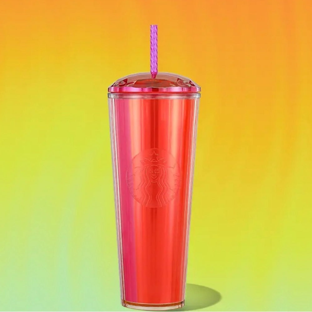 The Starbucks Summer 2024 Orange Pink Split Kaleidoscope 24oz Tumbler