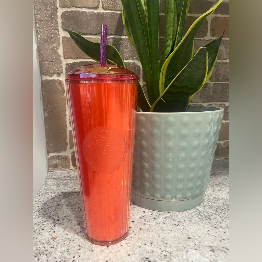 The Starbucks Summer 2024 Orange Pink Split Kaleidoscope 24oz Tumbler