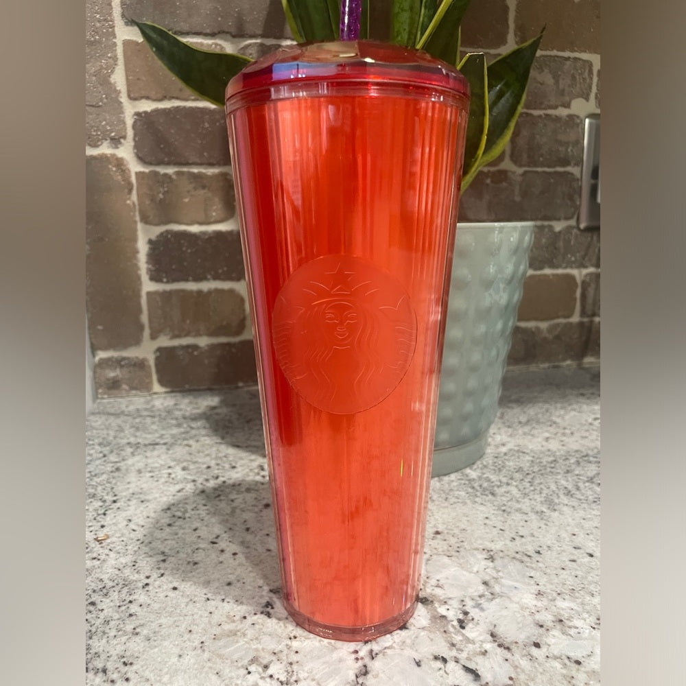 The Starbucks Summer 2024 Orange Pink Split Kaleidoscope 24oz Tumbler