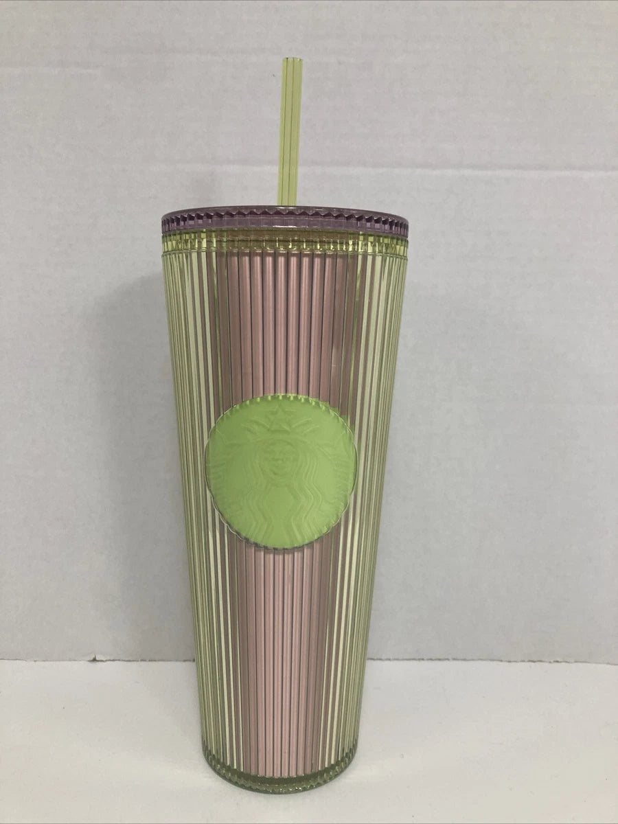 Starbucks 2025 Neon Transparent Lime Lilac Pleated Striped Venti Tumbler 24oz