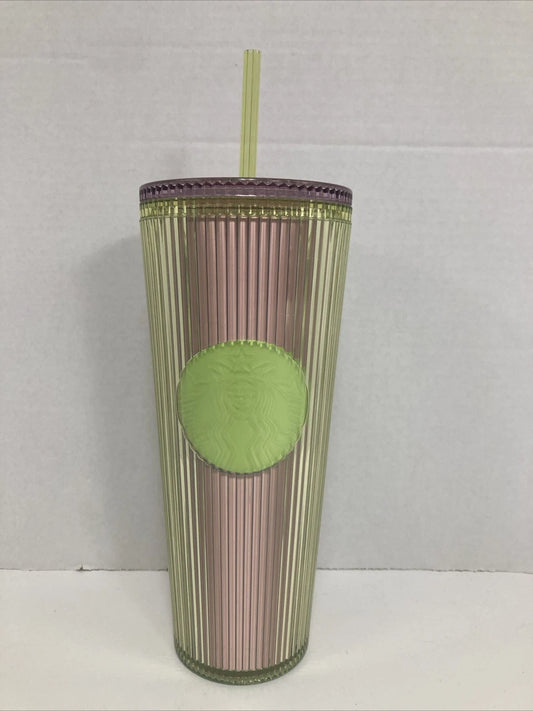 Starbucks 2025 Neon Transparent Lime Lilac Pleated Striped Venti Tumbler 24oz